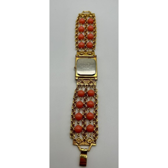 Vintage Kenneth J Lane KJL Gold Tone Watch W/Removable Faux Coral Beads Bracelet - Picture 2 of 2
